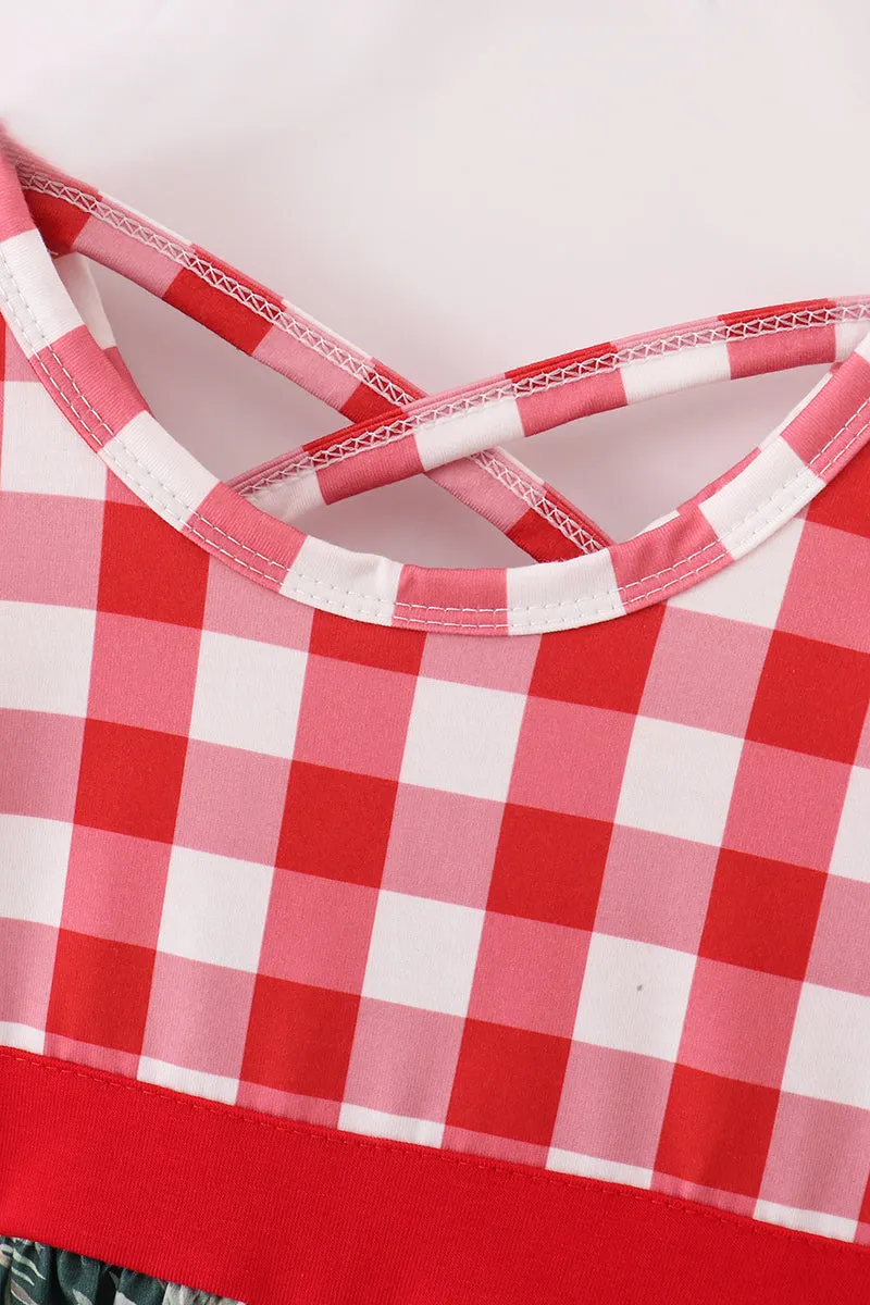 Girls Red Floral & Gingham Dress