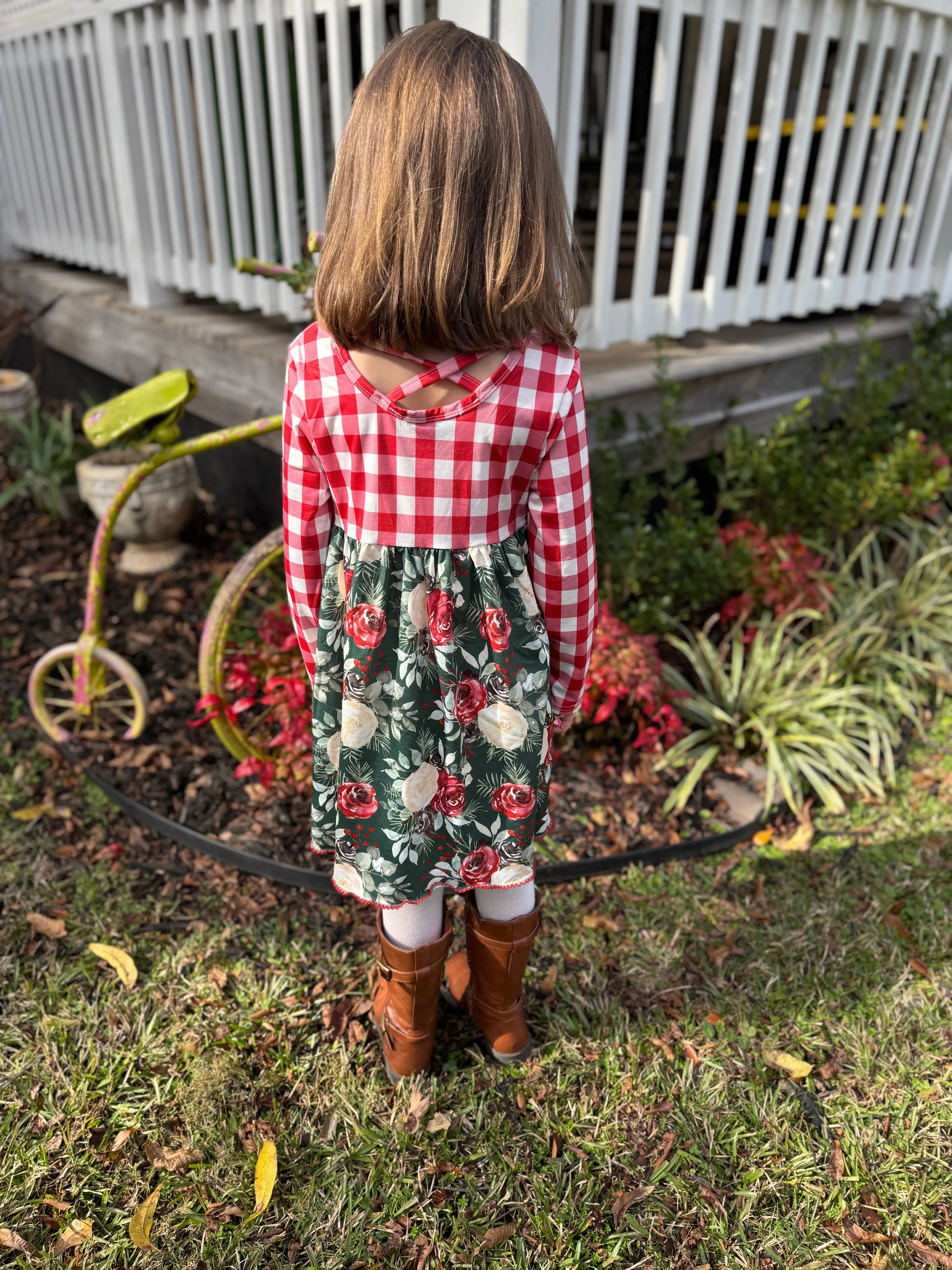 Girls Red Floral & Gingham Dress