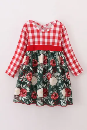 Girls Red Floral & Gingham Dress