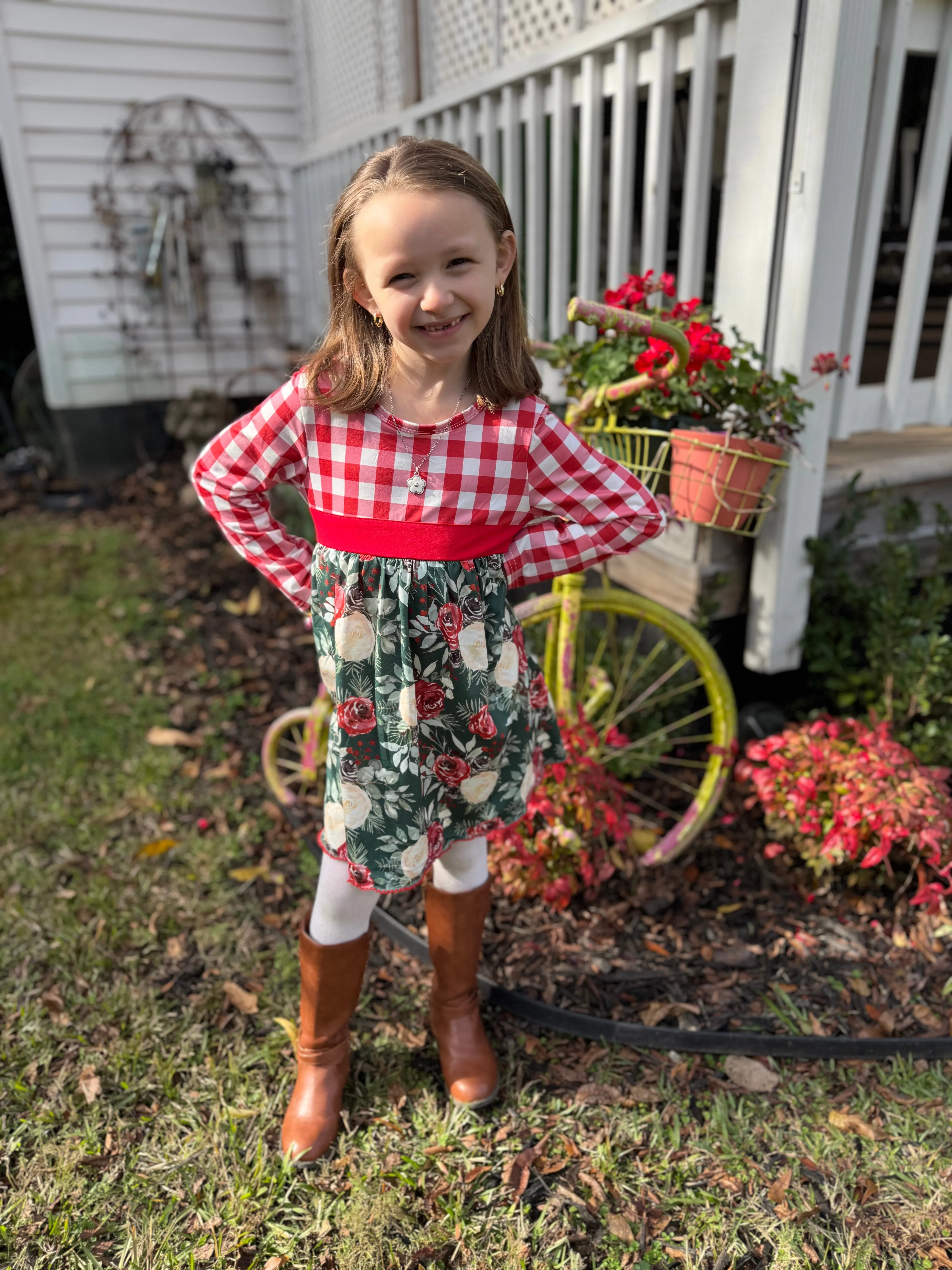 Girls Red Floral & Gingham Dress