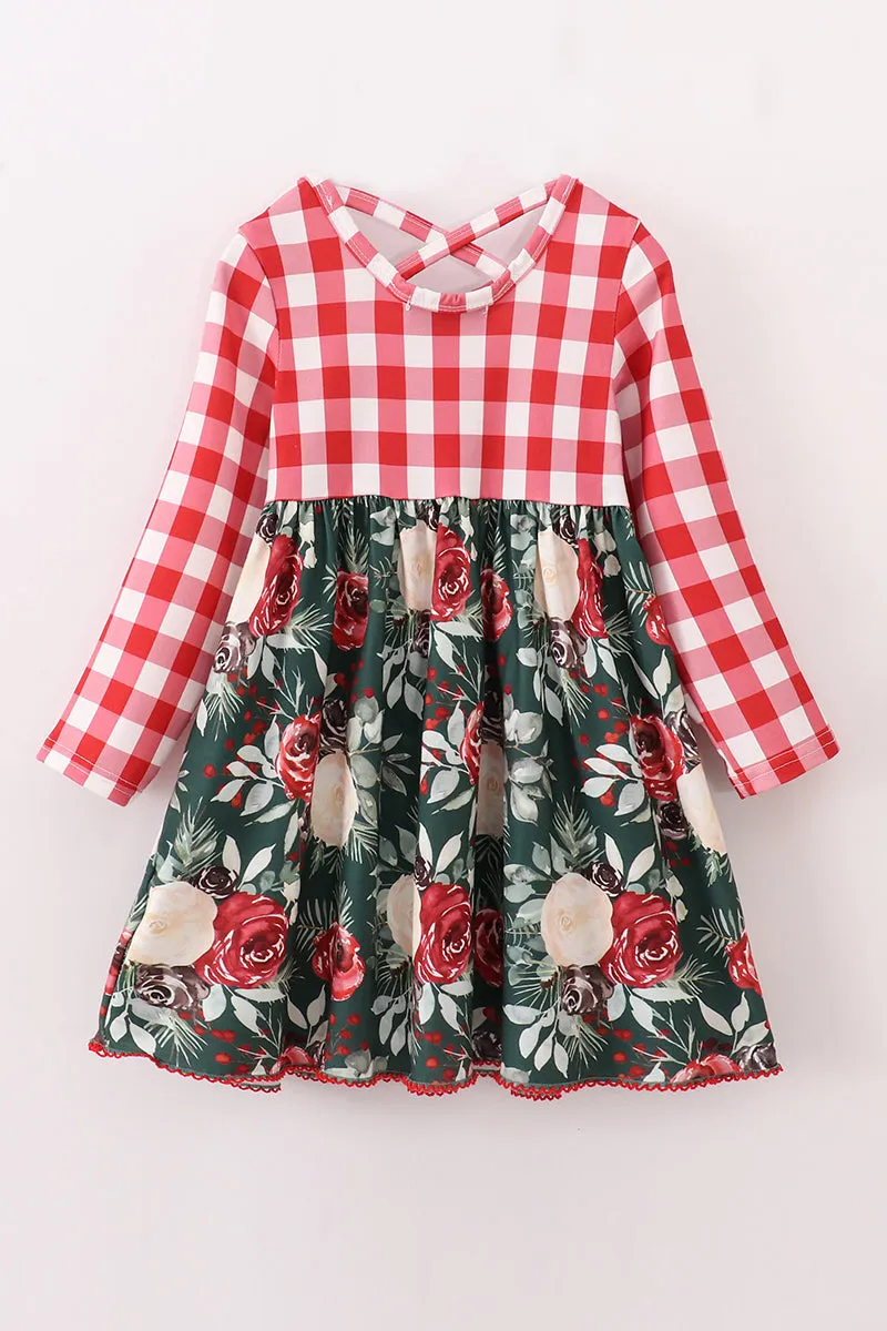 Girls Red Floral & Gingham Dress