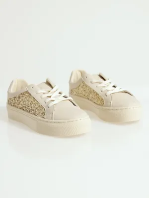 Glitter Pannel Detail Platform Sneaker - Beige/White