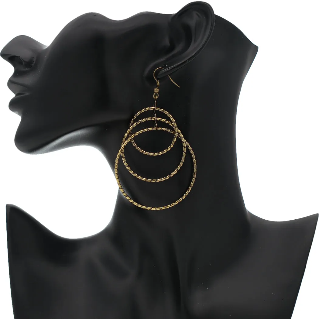 Gold Cascade Triple Hoop Dangle Earrings