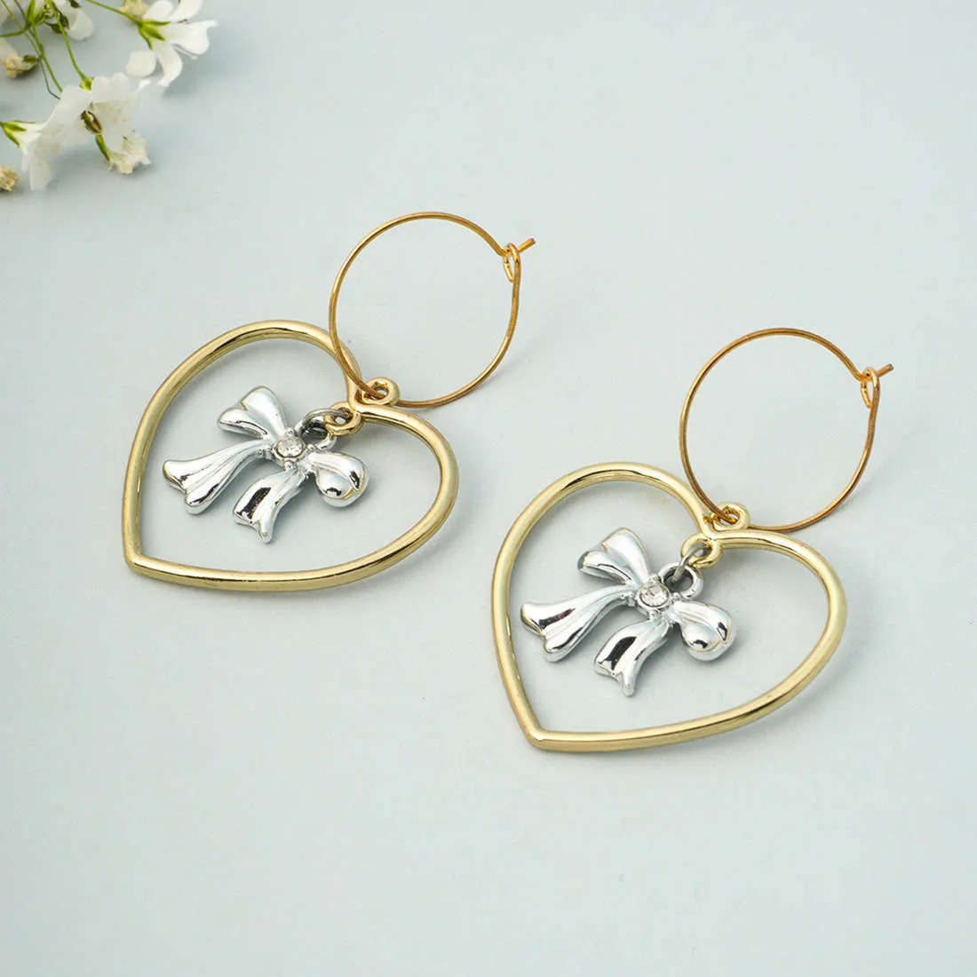 Golden Heart Silver Bow Earrings