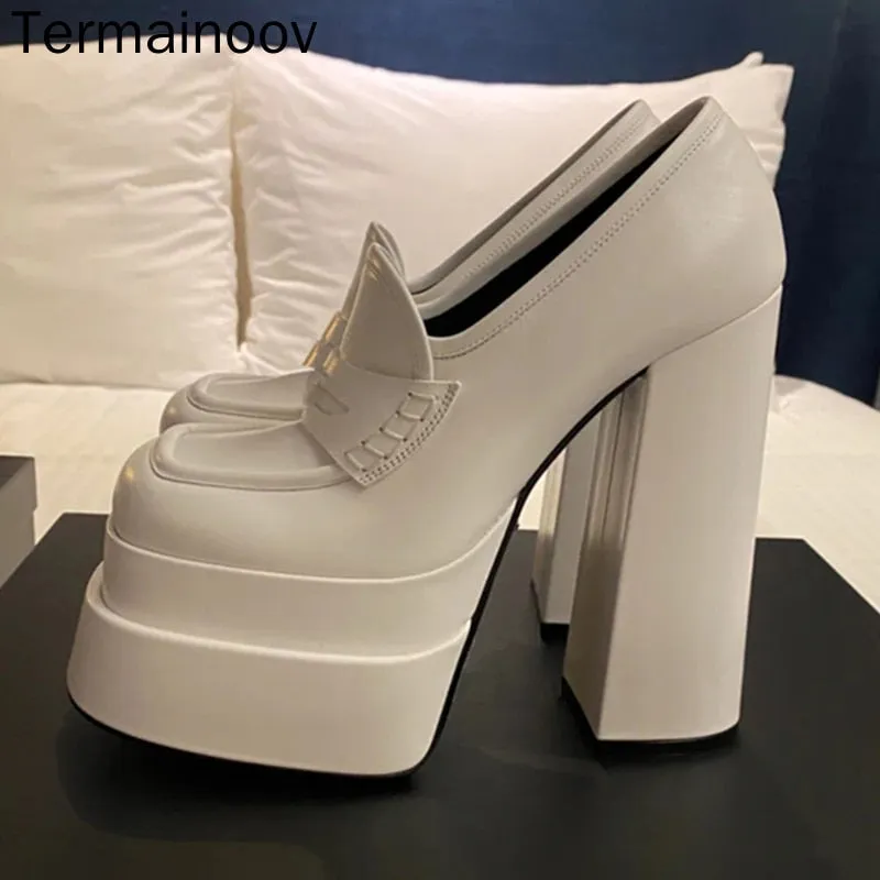 goosudu Women High Heel Platform Hoof Heels Loafers Women Pumps New Square Toe Fashion Shoes Plus Size Shoes Sexy Dress Shoes