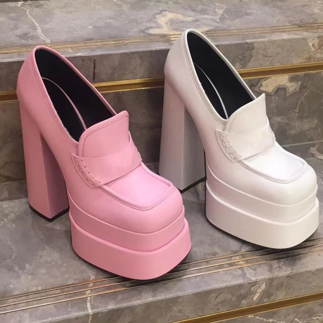 goosudu Women High Heel Platform Hoof Heels Loafers Women Pumps New Square Toe Fashion Shoes Plus Size Shoes Sexy Dress Shoes