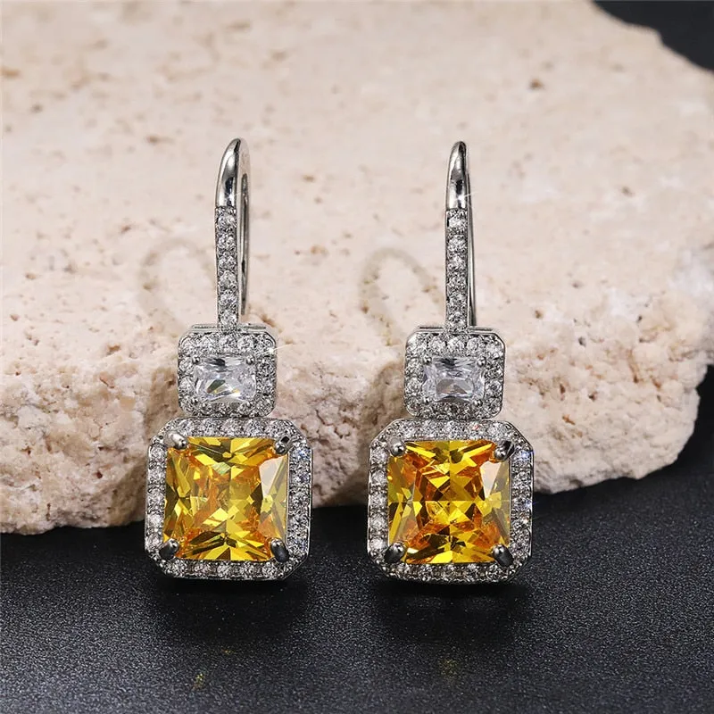 Gorgeous Princess Cut Yellow Cubic Drop Earrings