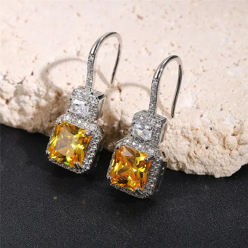 Gorgeous Princess Cut Yellow Cubic Drop Earrings