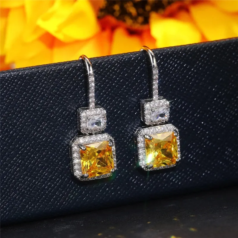 Gorgeous Princess Cut Yellow Cubic Drop Earrings