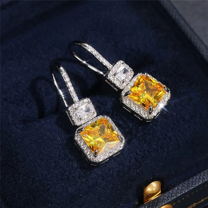 Gorgeous Princess Cut Yellow Cubic Drop Earrings