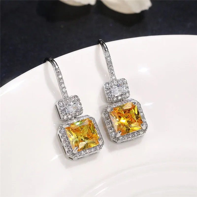Gorgeous Princess Cut Yellow Cubic Drop Earrings