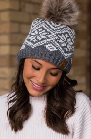 Grey and White snowflake Pom hat