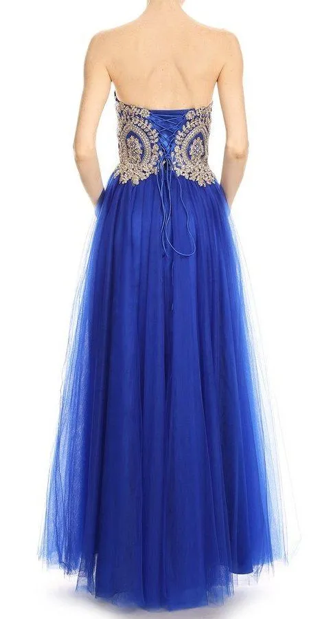 J&J Fashion 3047 Strapless Long Prom Dress Appliqued Bodice