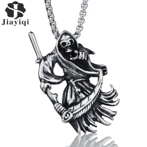 Jiayiqi Punk Gothic Jewelry Retro Punk Skeleton Charm Pendant Stainless The Death Grim Reaper Necklace For Men Best Gifts