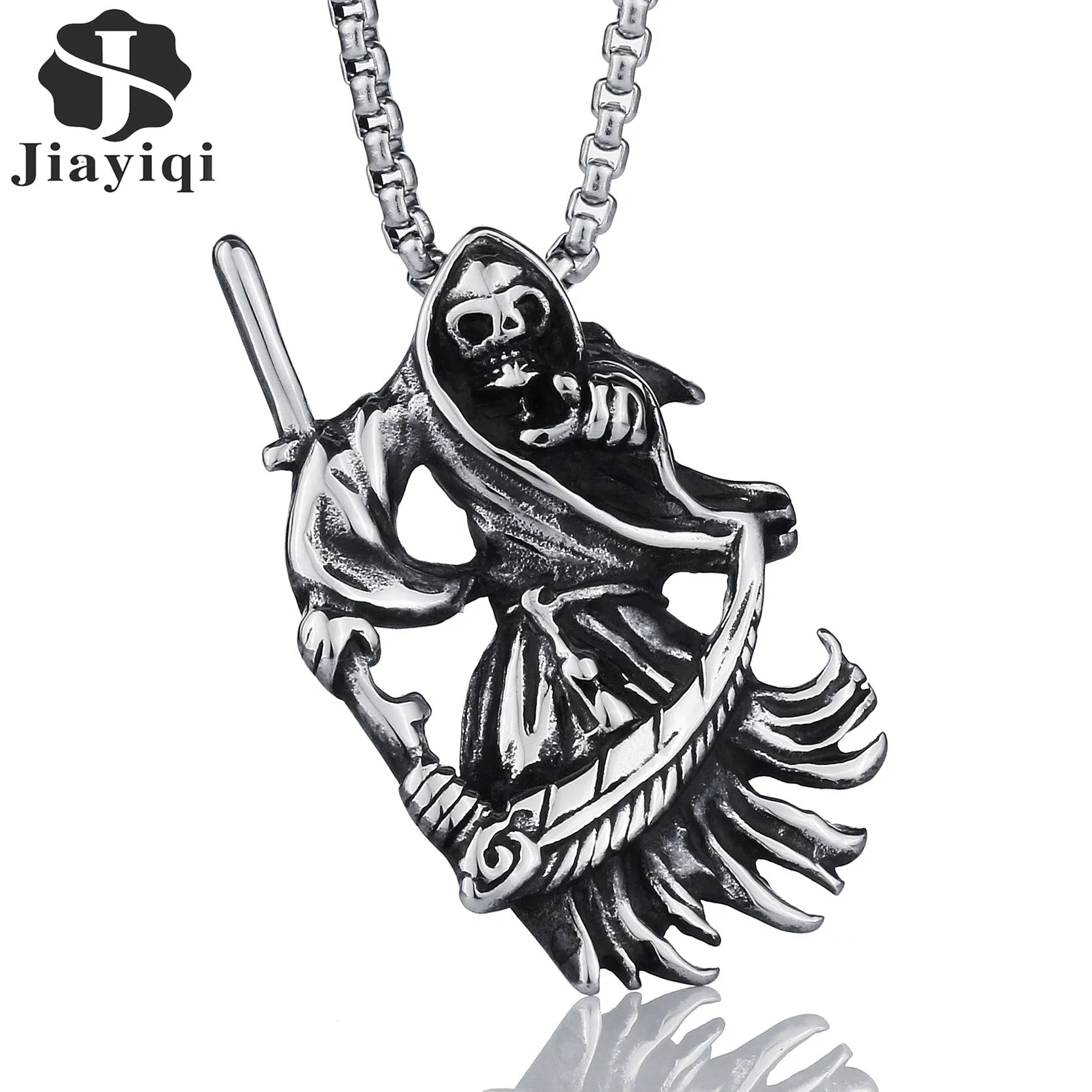 Jiayiqi Punk Gothic Jewelry Retro Punk Skeleton Charm Pendant Stainless The Death Grim Reaper Necklace For Men Best Gifts