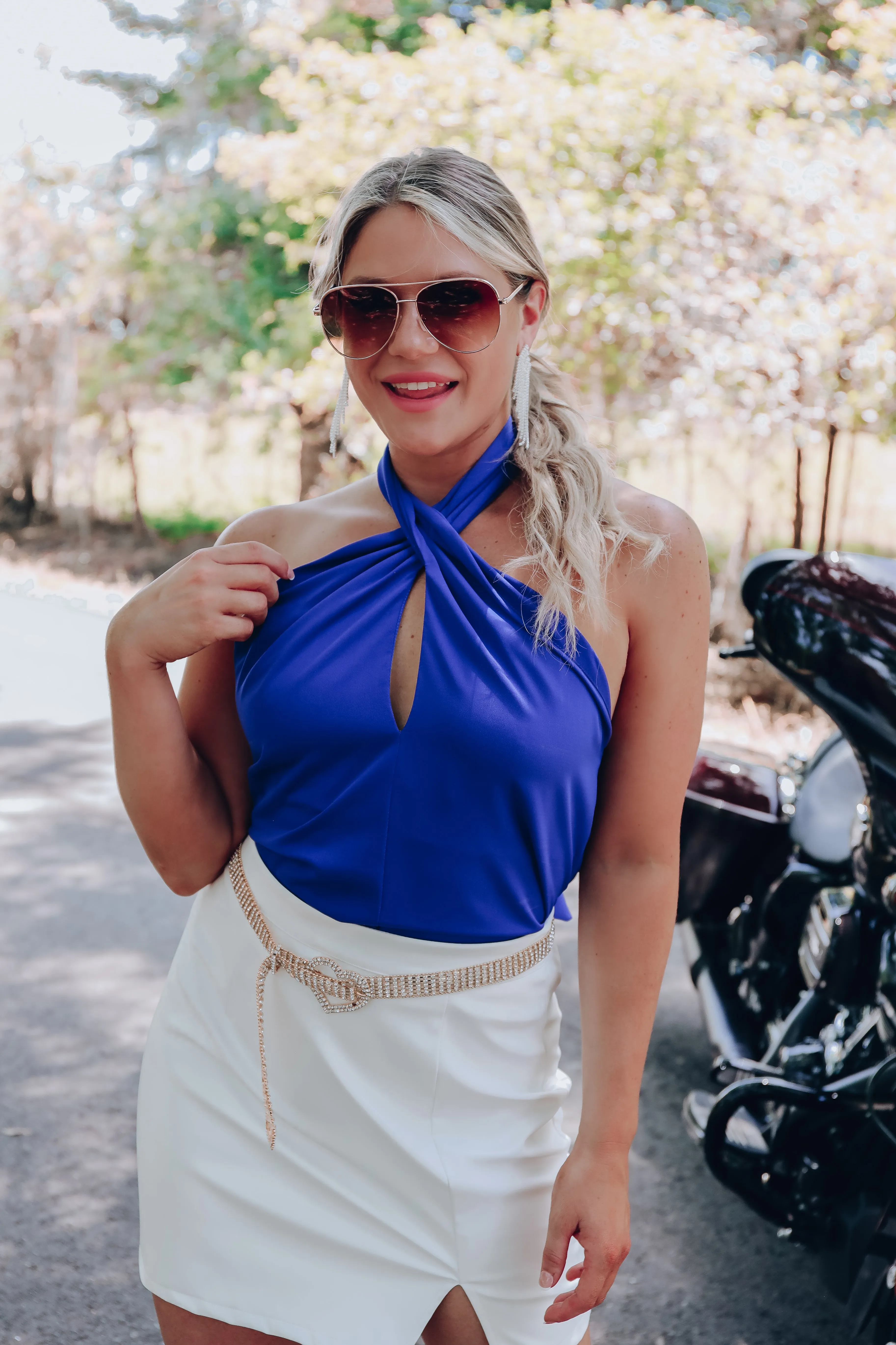 Key Hole Halter Neck Top - Blue
