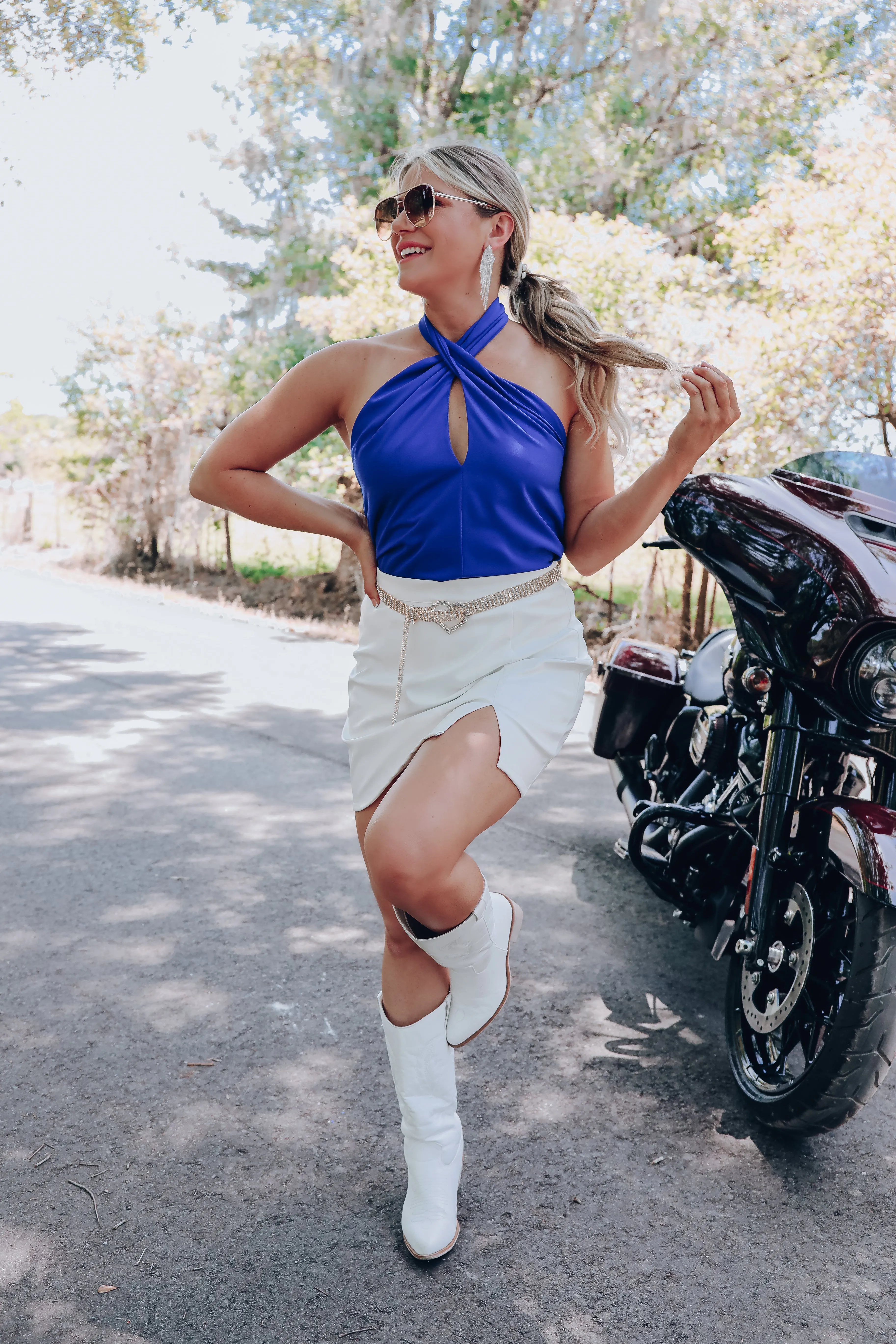 Key Hole Halter Neck Top - Blue