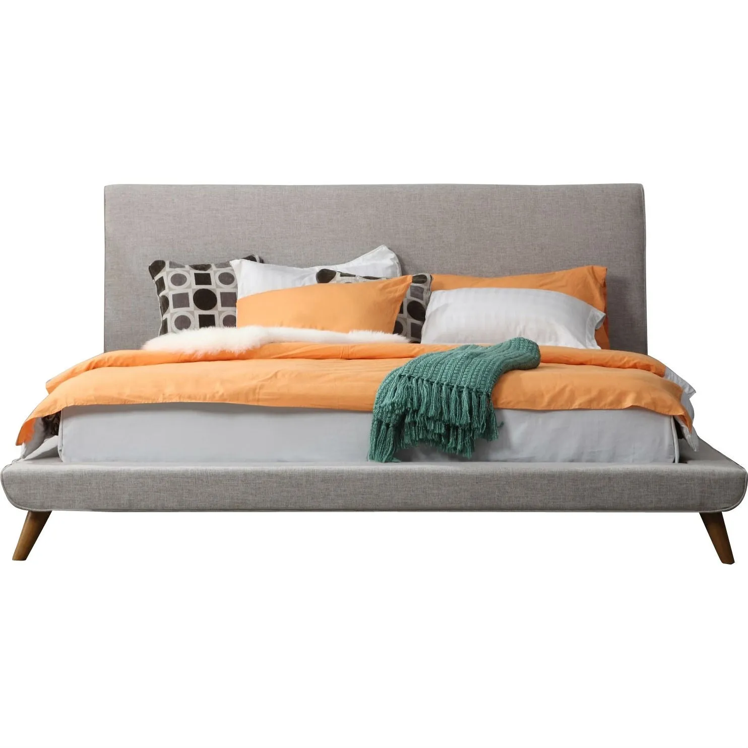 King size Beige Upholstered Platform Bed with Mid-Century Style Legs