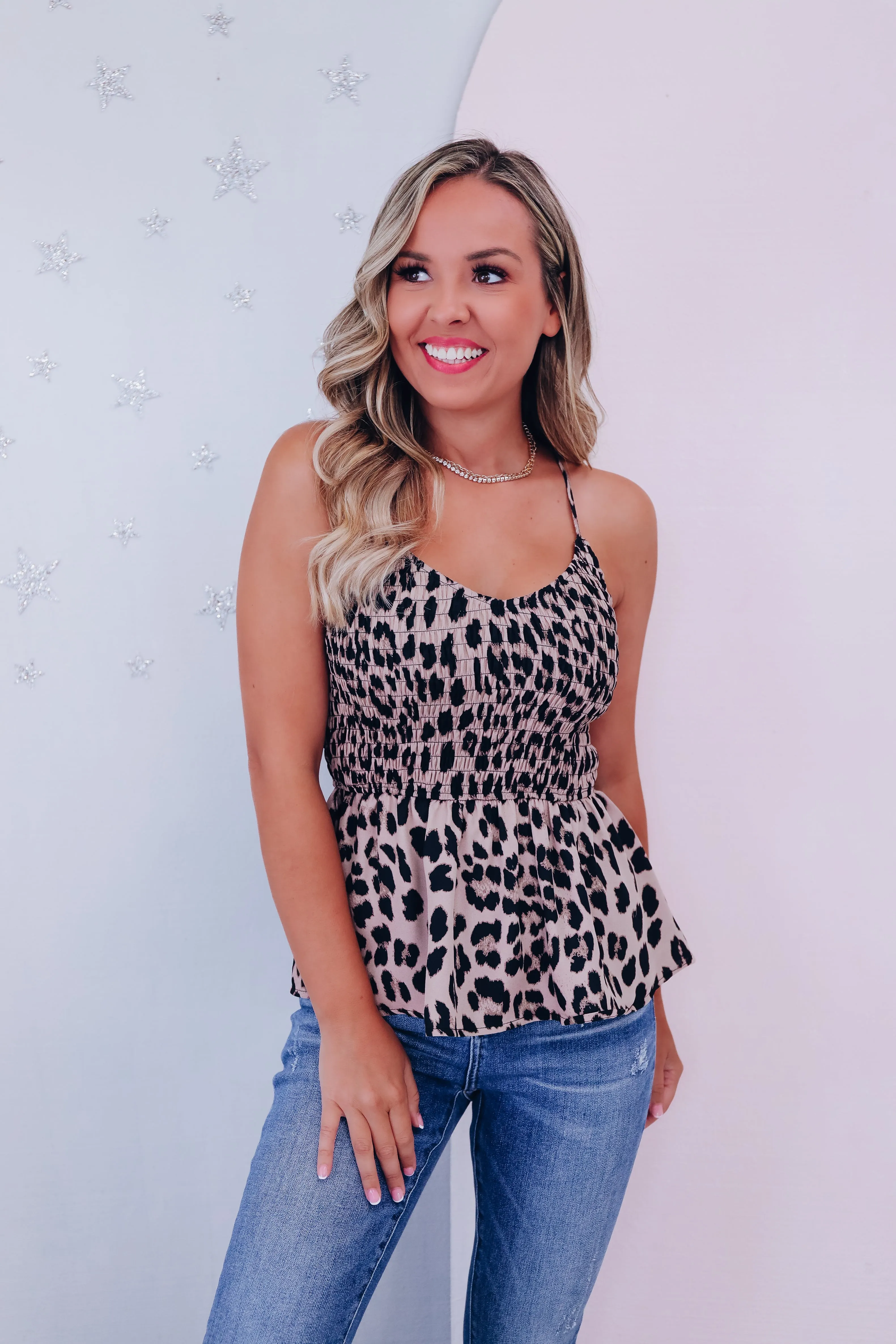 Leo Print Smocked Babydoll Top - Leopard
