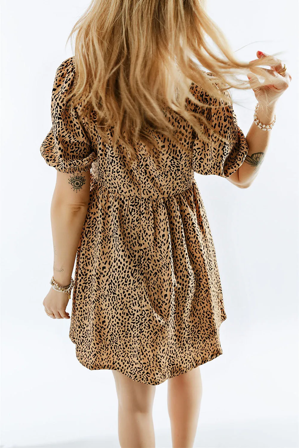 Leopard Animal Print Bubble Sleeve Babydoll Dress