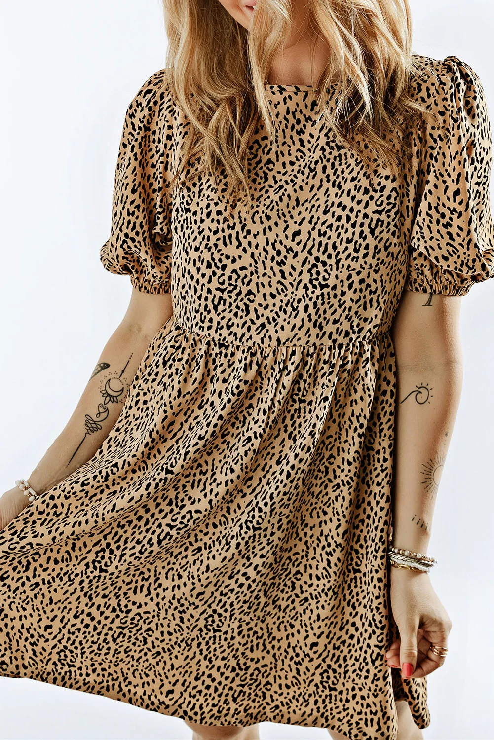 Leopard Animal Print Bubble Sleeve Babydoll Dress