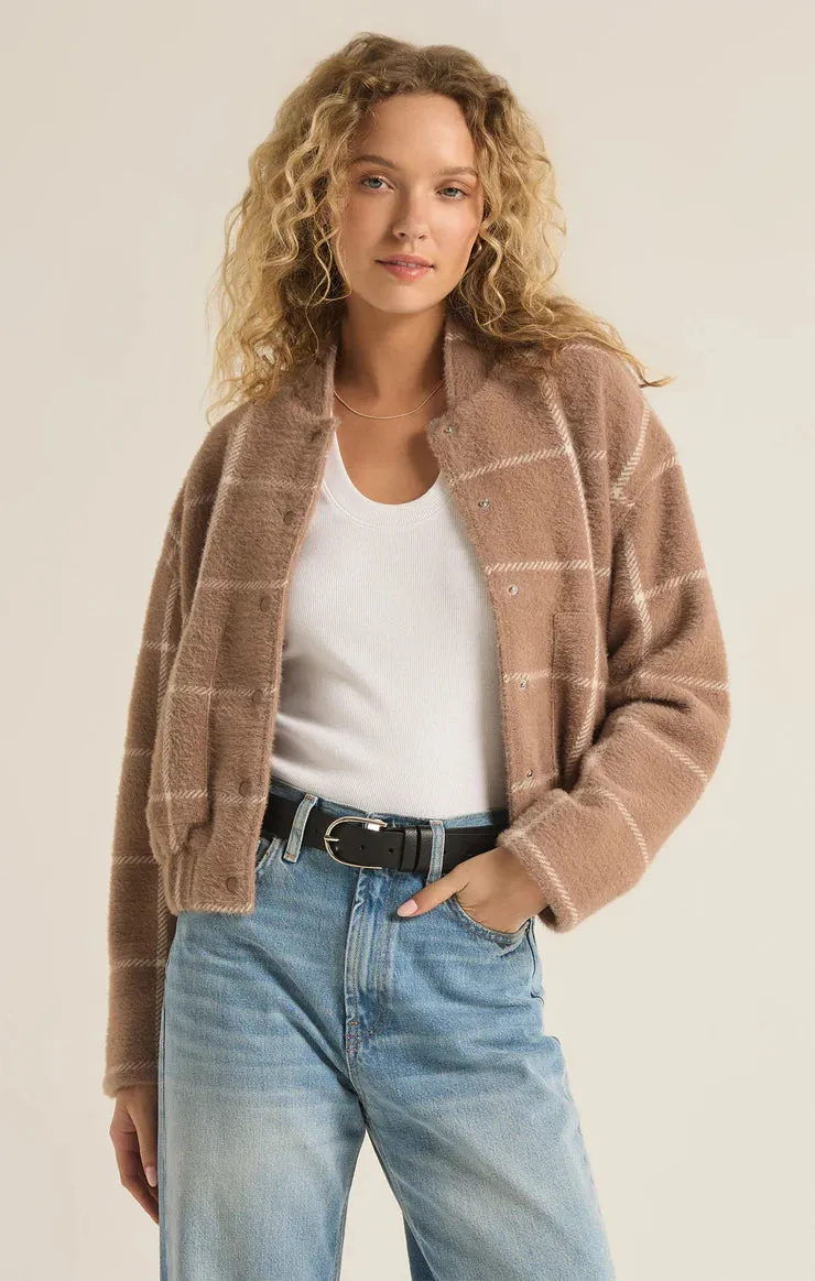 LEX PLAID SWEATER KNIT BOMBER JACKET-HEATHER TAUPE