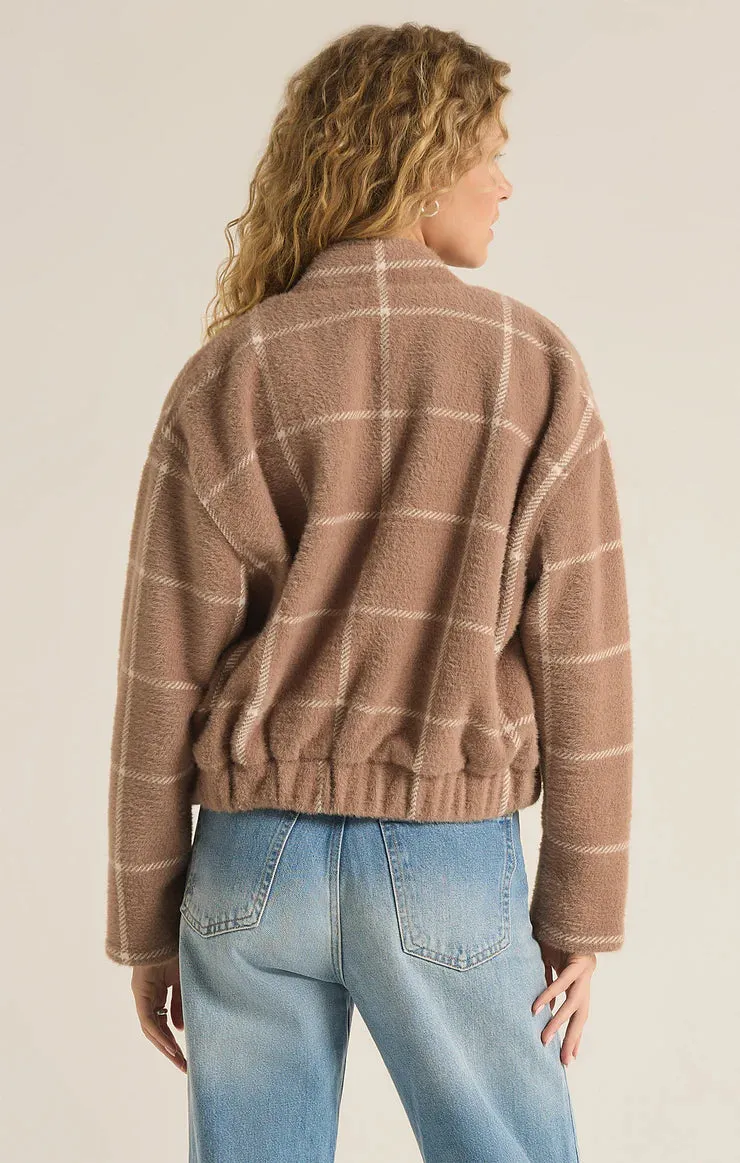LEX PLAID SWEATER KNIT BOMBER JACKET-HEATHER TAUPE