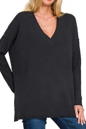 Maine Moment Black Ribbed Hem & Sleeve V-Neck Sweater
