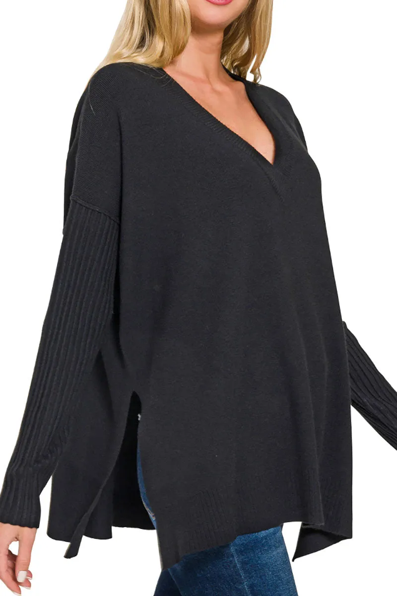 Maine Moment Black Ribbed Hem & Sleeve V-Neck Sweater