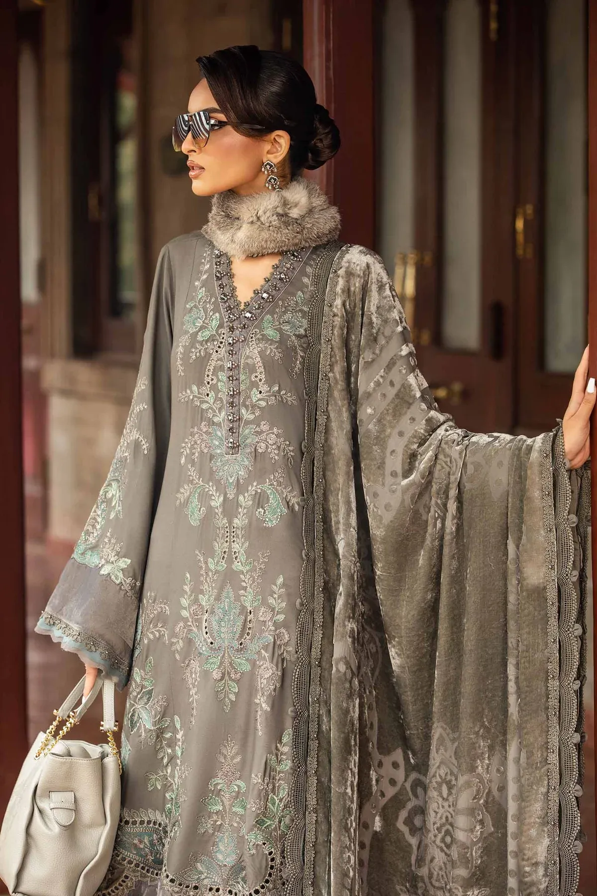Maria.B Winter Luxe 3 Piece Unstitched Embroidered Woven Marina Suit DL-1209 With Palachi Shawl