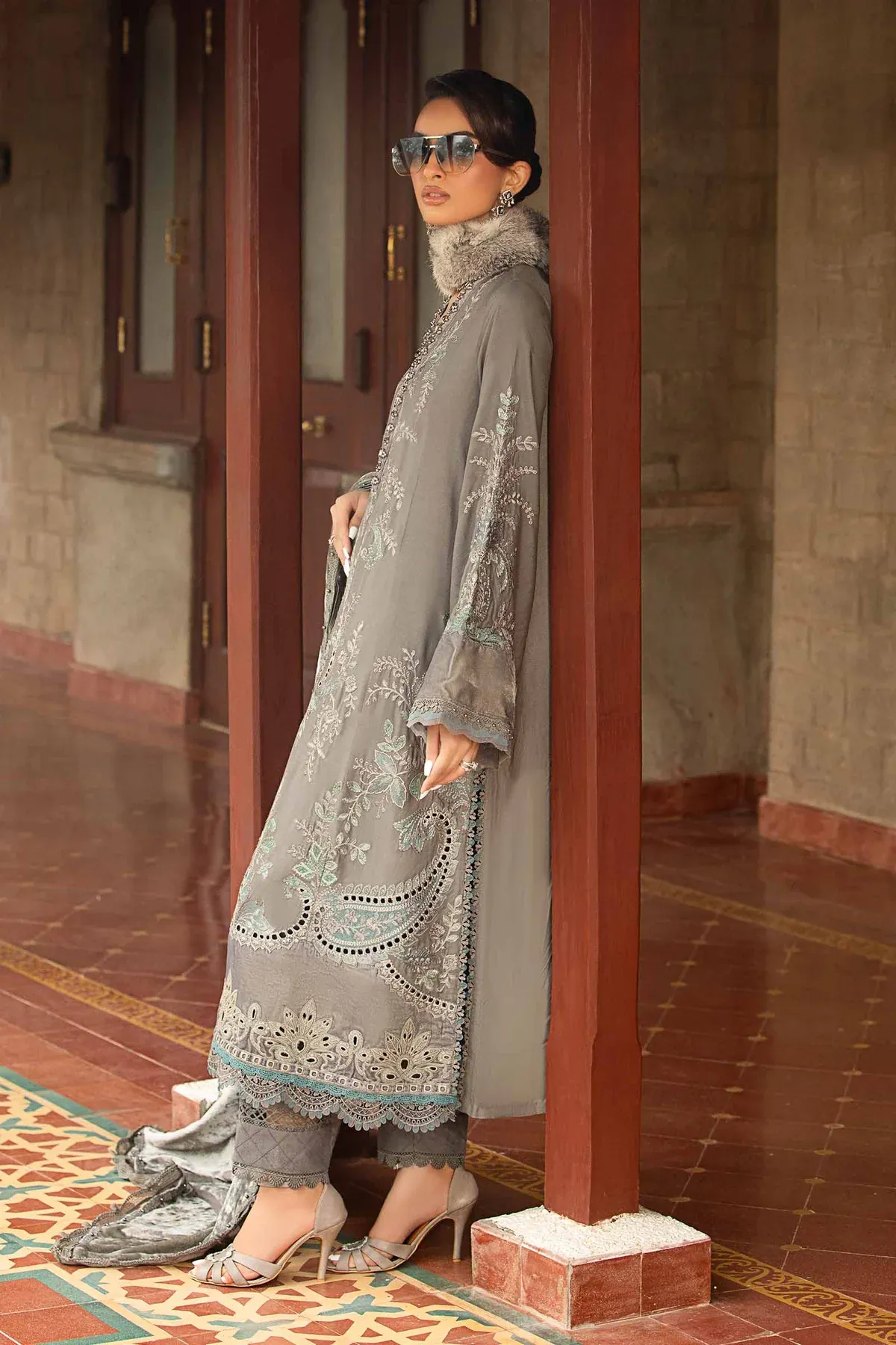 Maria.B Winter Luxe 3 Piece Unstitched Embroidered Woven Marina Suit DL-1209 With Palachi Shawl