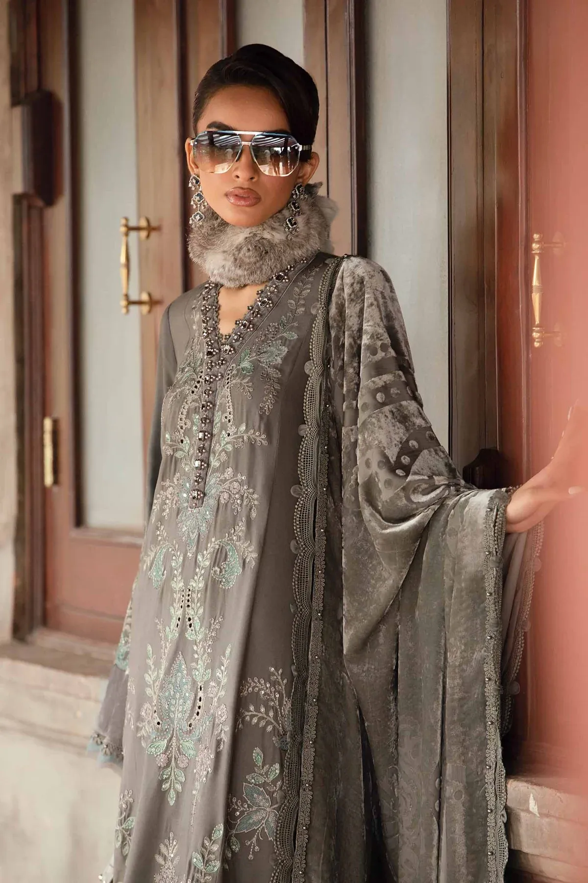 Maria.B Winter Luxe 3 Piece Unstitched Embroidered Woven Marina Suit DL-1209 With Palachi Shawl