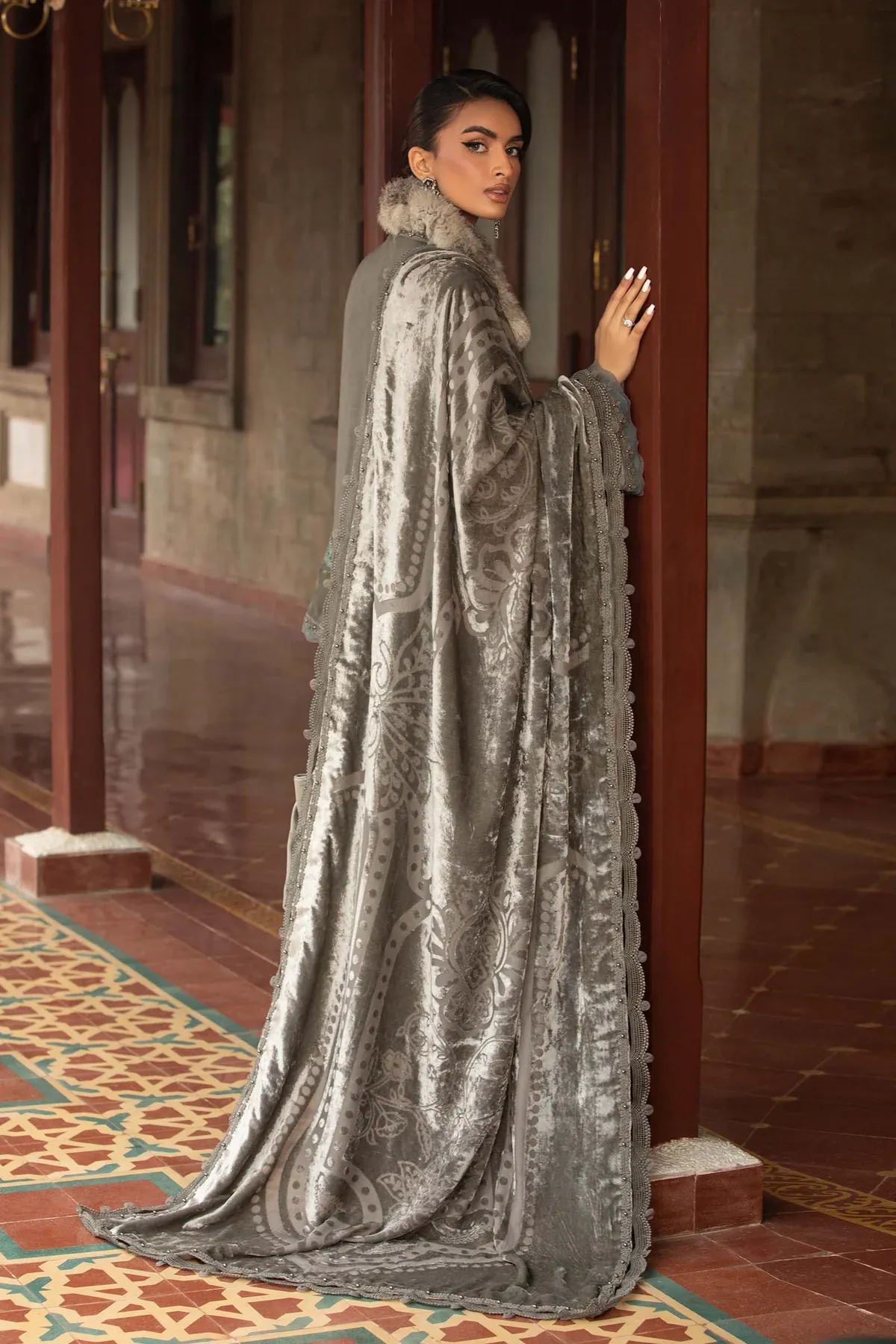 Maria.B Winter Luxe 3 Piece Unstitched Embroidered Woven Marina Suit DL-1209 With Palachi Shawl
