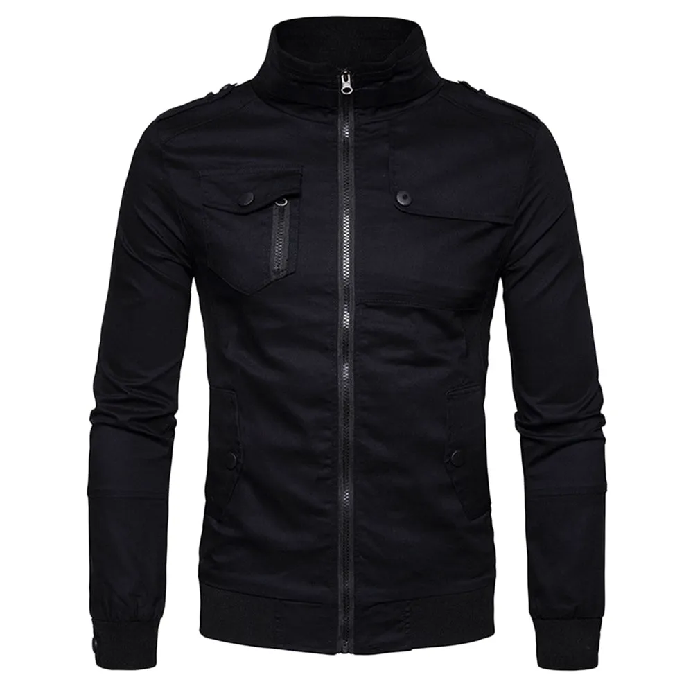 Men's Solid Color Epaulet Design Pockets Zip Up Cargo Jacket