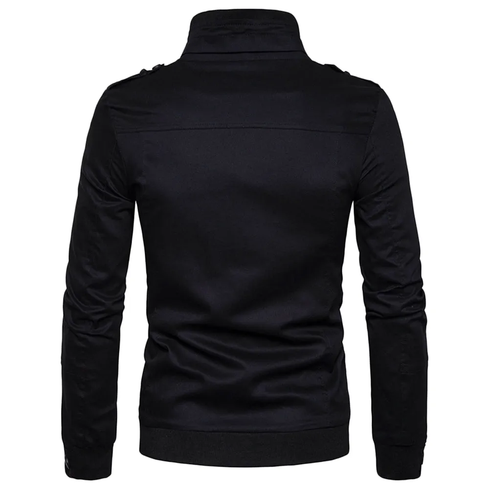 Men's Solid Color Epaulet Design Pockets Zip Up Cargo Jacket