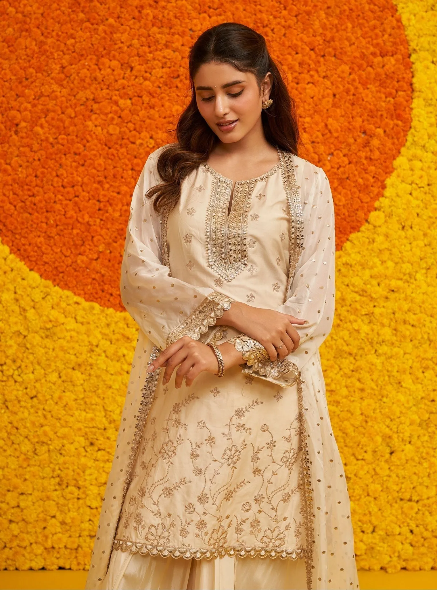 Mulmul Pima Satin Sukoon Off White Kurta With Mulmul Cupro Satin Sukoon Off White Skrit