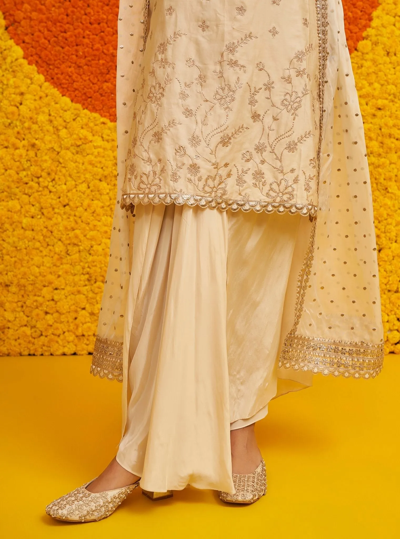 Mulmul Pima Satin Sukoon Off White Kurta With Mulmul Cupro Satin Sukoon Off White Skrit