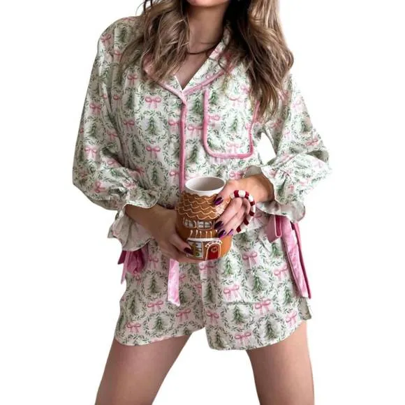 NEW PEACH LOVE winter wonderland pajama set in ivory/green/pink
