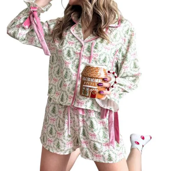 NEW PEACH LOVE winter wonderland pajama set in ivory/green/pink