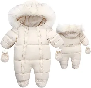 New super adorable Mother's Baby Bear Infant Boy Girl Winter Thick Romper Outwear Warm Hood Snowsuit Jumpsuit w/removable fur around hood, Sz 6-9 Months