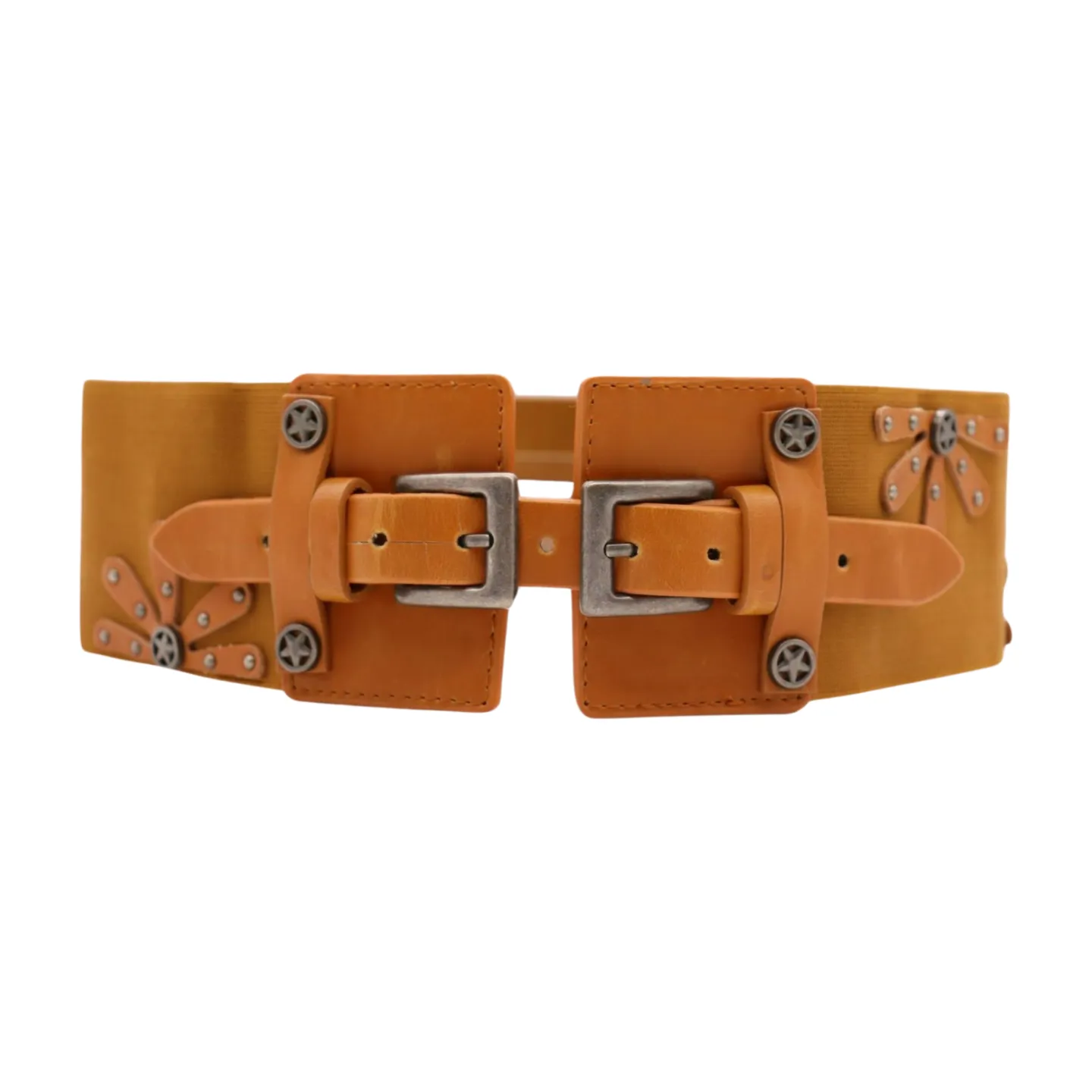 New Women Brown Elastic Wide Band Western Fashion Belt Texas Lone Star Flower Silver Metal Double Buckles S M