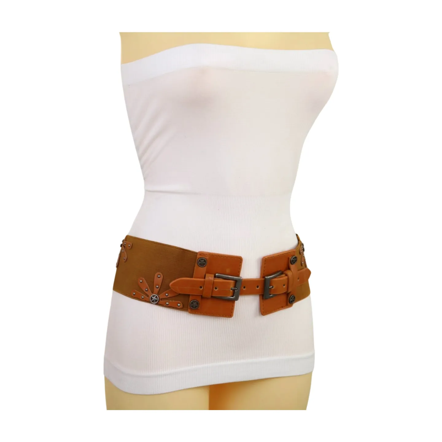 New Women Brown Elastic Wide Band Western Fashion Belt Texas Lone Star Flower Silver Metal Double Buckles S M