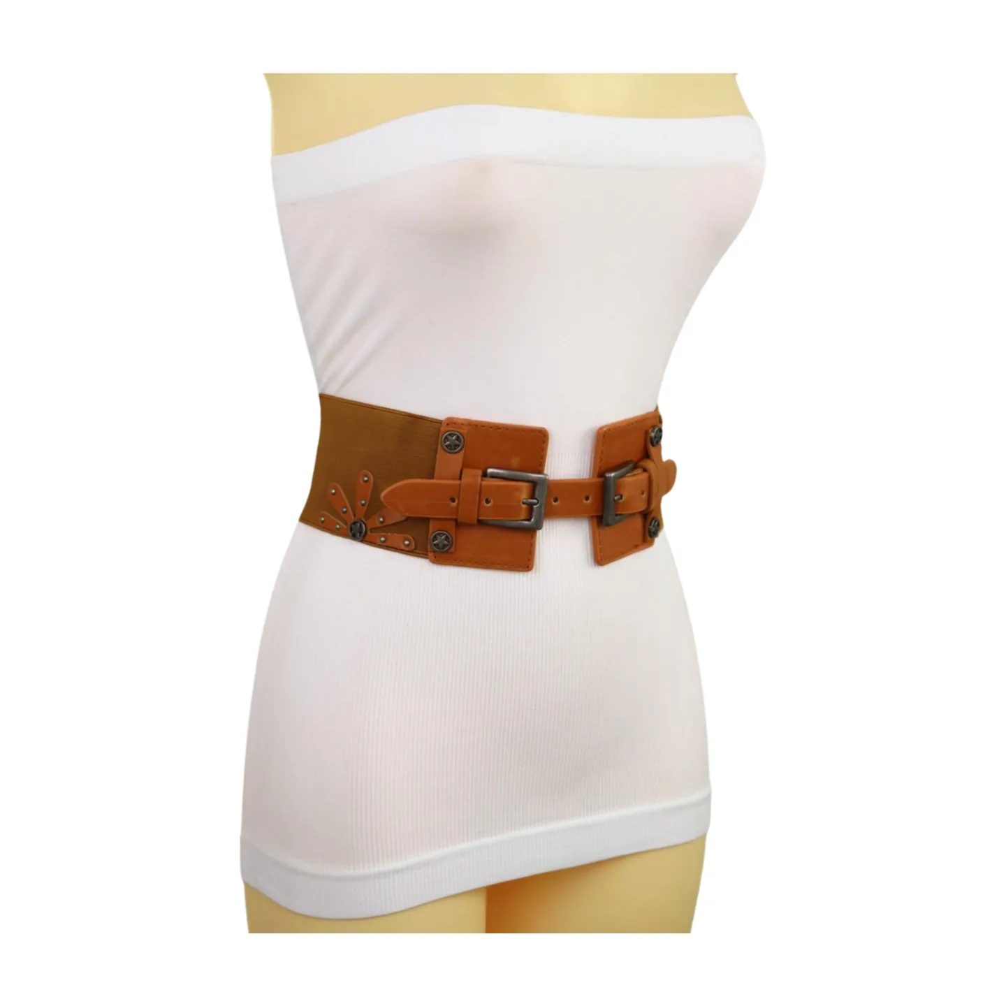 New Women Brown Elastic Wide Band Western Fashion Belt Texas Lone Star Flower Silver Metal Double Buckles S M