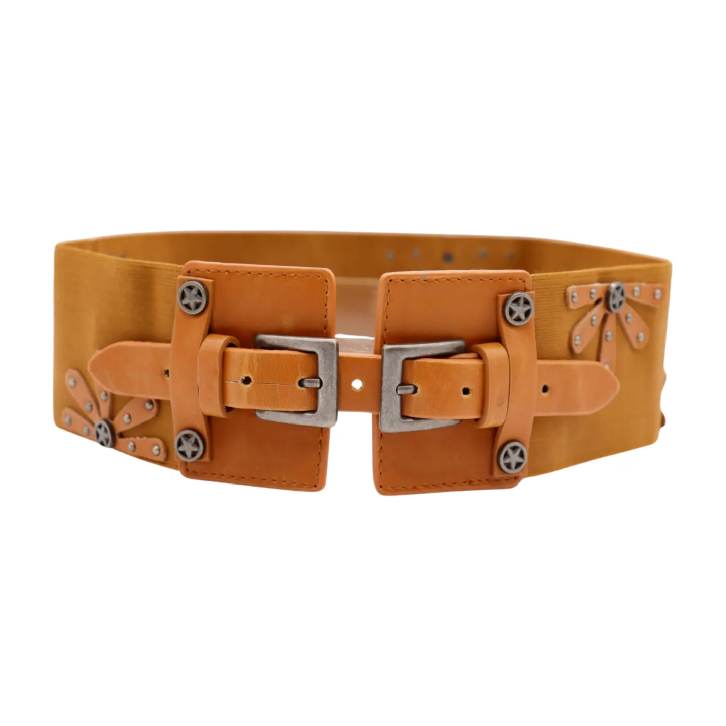 New Women Brown Elastic Wide Band Western Fashion Belt Texas Lone Star Flower Silver Metal Double Buckles S M