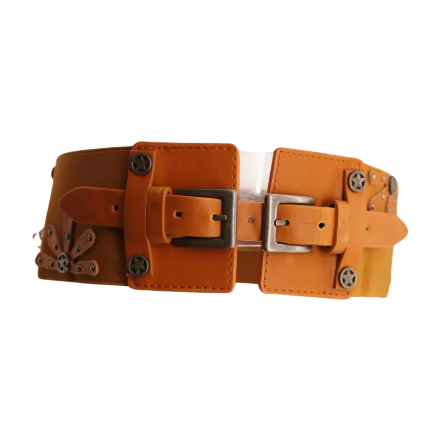 New Women Brown Elastic Wide Band Western Fashion Belt Texas Lone Star Flower Silver Metal Double Buckles S M