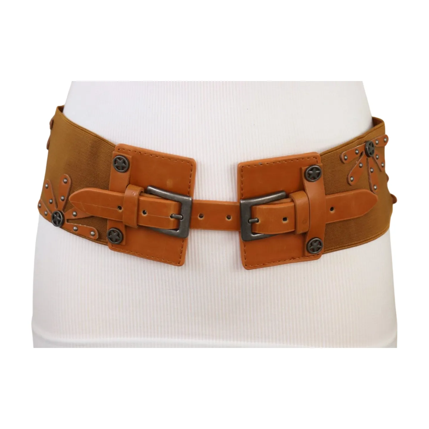 New Women Brown Elastic Wide Band Western Fashion Belt Texas Lone Star Flower Silver Metal Double Buckles S M