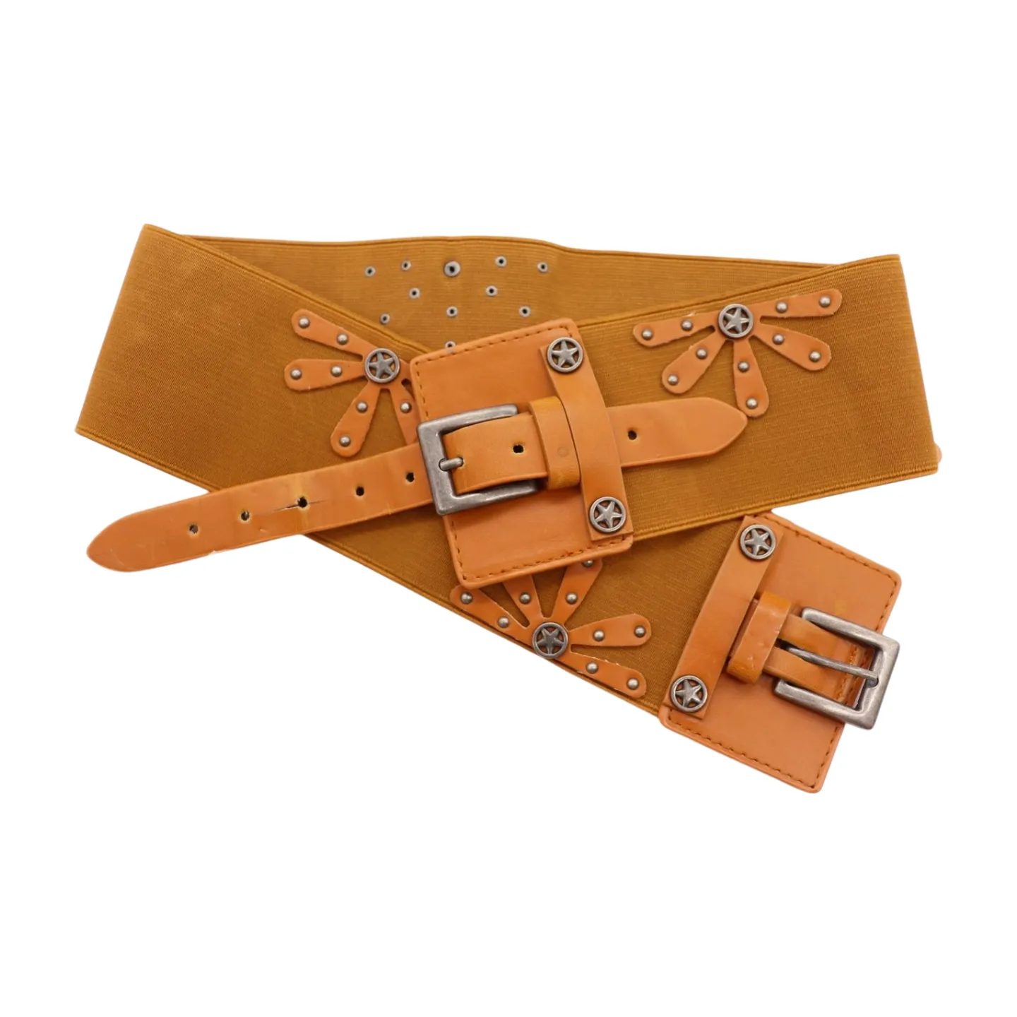 New Women Brown Elastic Wide Band Western Fashion Belt Texas Lone Star Flower Silver Metal Double Buckles S M