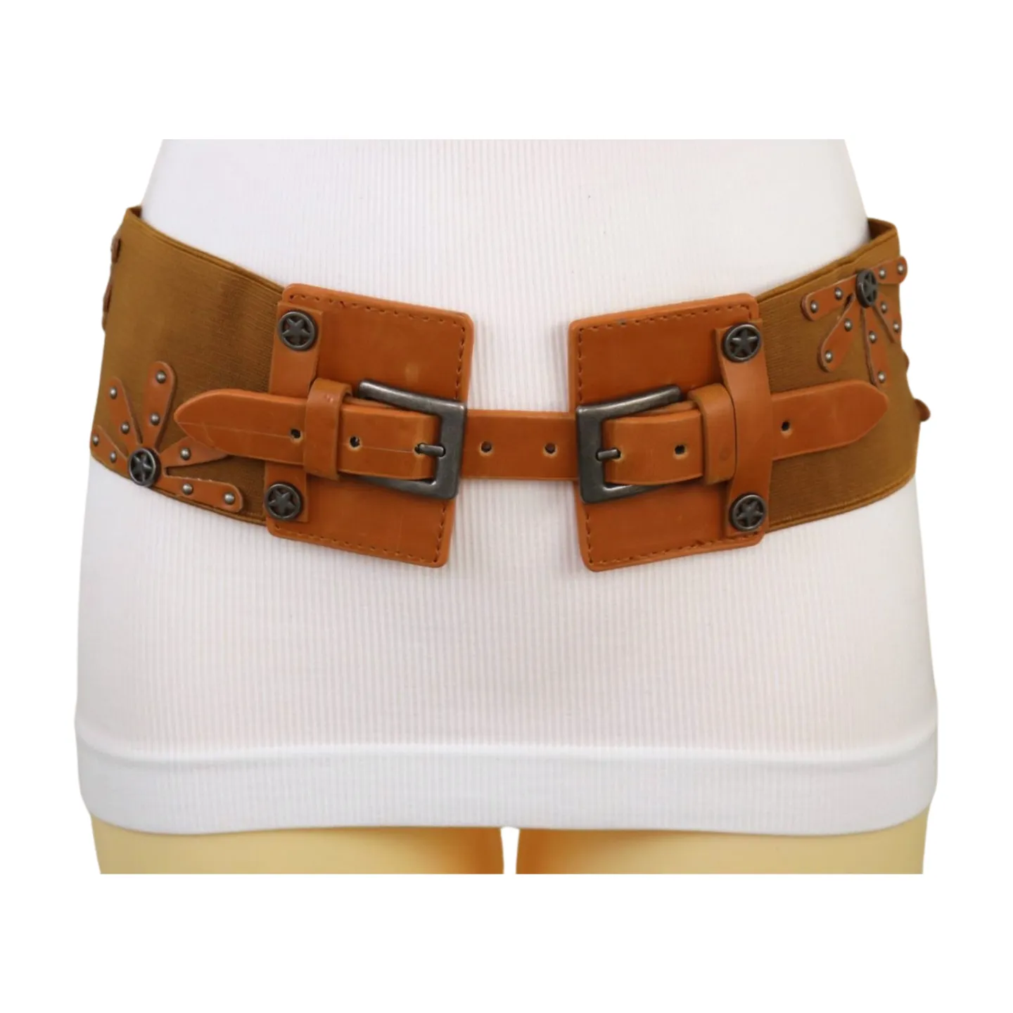 New Women Brown Elastic Wide Band Western Fashion Belt Texas Lone Star Flower Silver Metal Double Buckles S M