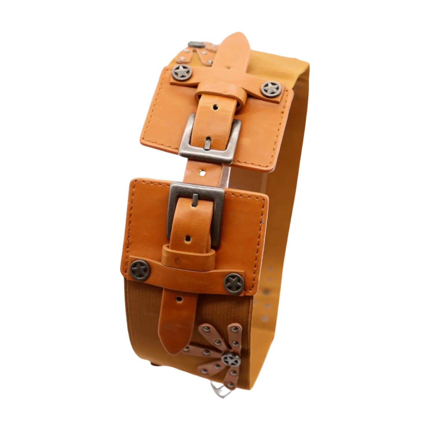 New Women Brown Elastic Wide Band Western Fashion Belt Texas Lone Star Flower Silver Metal Double Buckles S M