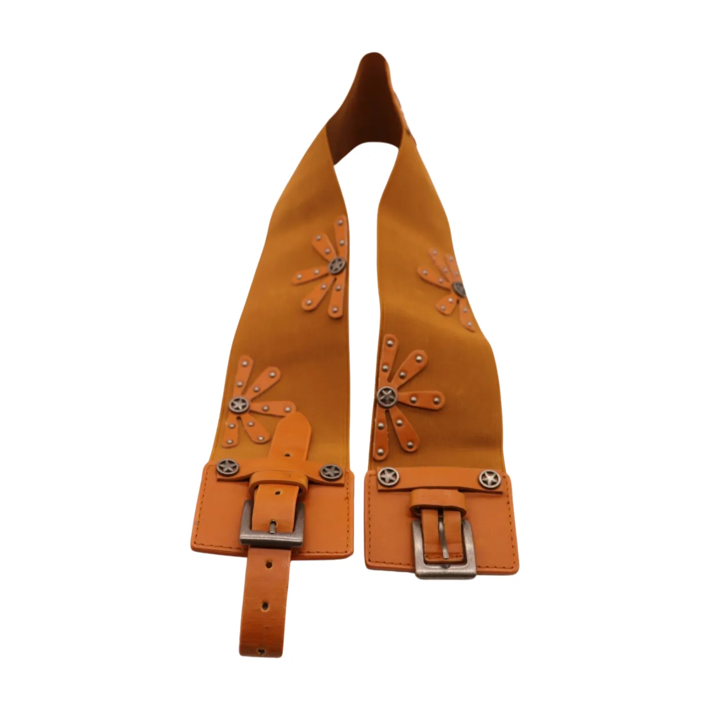 New Women Brown Elastic Wide Band Western Fashion Belt Texas Lone Star Flower Silver Metal Double Buckles S M